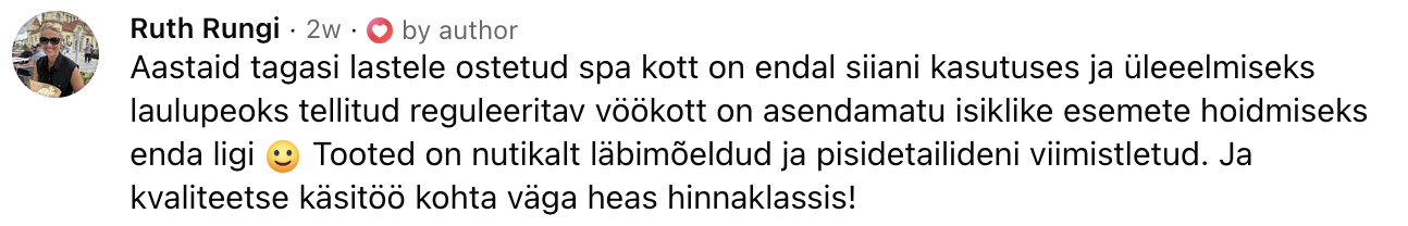 Ruth Rungi tagasiside Facebookis: spa-kott ja reguleeritav vöökott, tooted on nutikalt läbimõeldud.