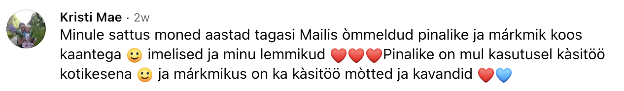 Kristi Mae tagasiside Facebookis: Mailise õmmeldud pinal ja märkmik on lemmikud.