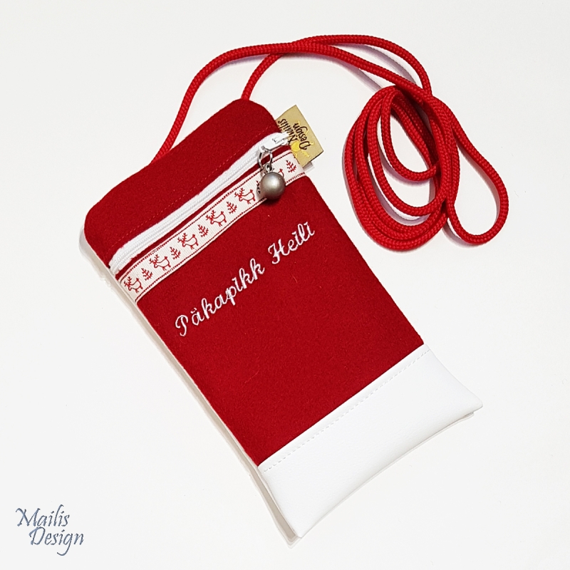 Mobiili kott tikandiga, punane/valge, mobiil max h 15 ja 17 cm