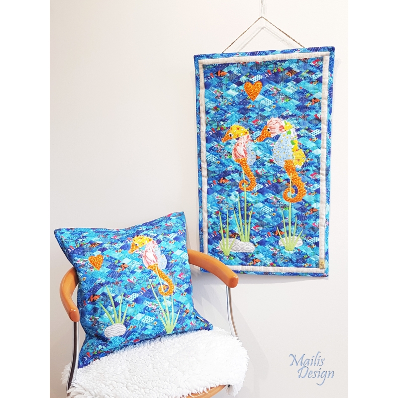 Tapestry and decorative pillow SEAHORSES, linen