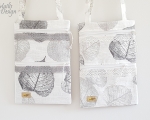 Linen handbag, leaves, gray and white lace