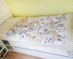 Twin size quilt with cats, dogs and horses (130 x 180 cm), beige-gray-cream
