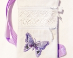 Mobiilikott/rahakott, 2 taskut, õlarihm, valge/lilla liblikaga